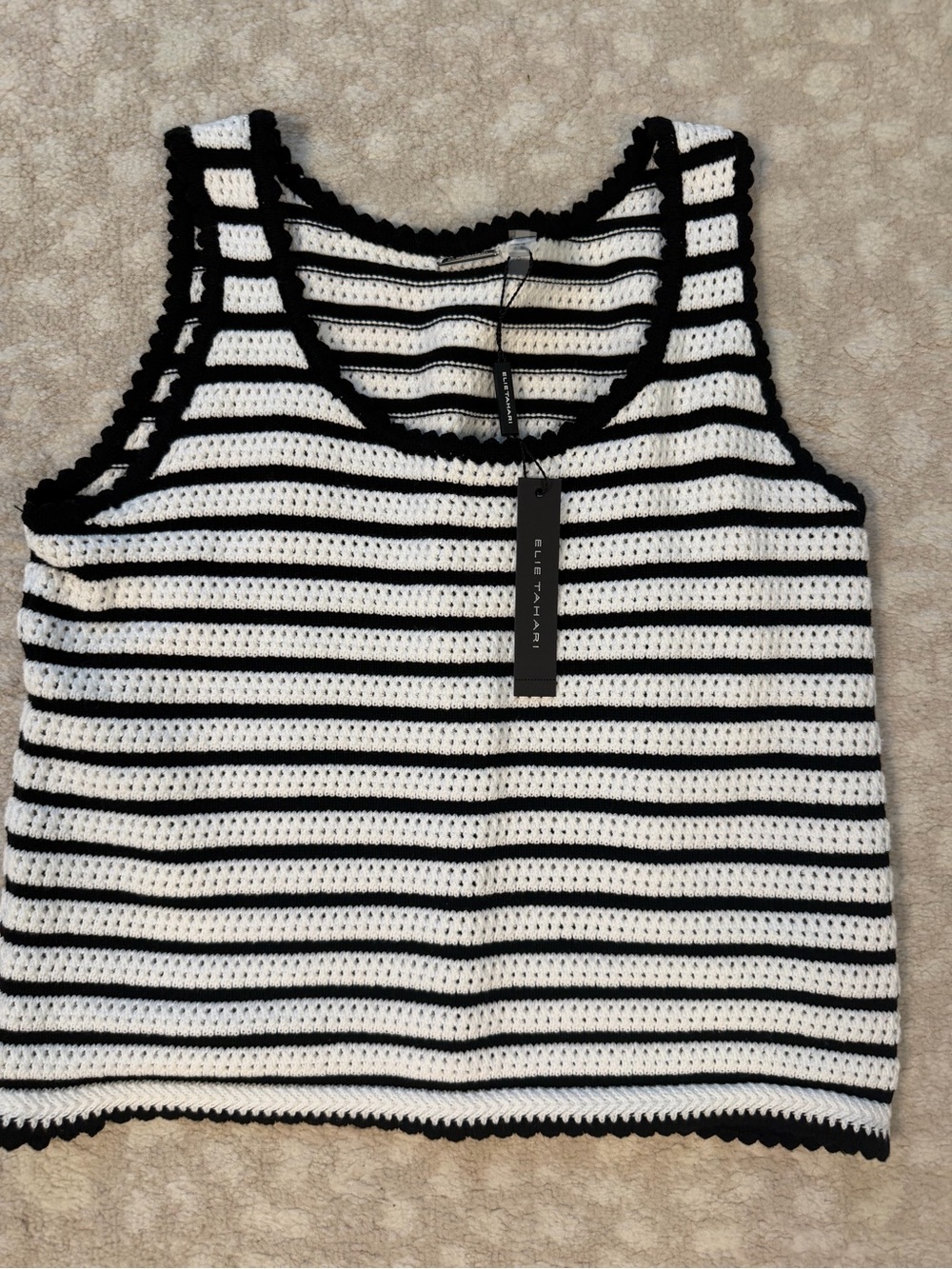 Elie Tahari Black & White Striped Crochet Tank
